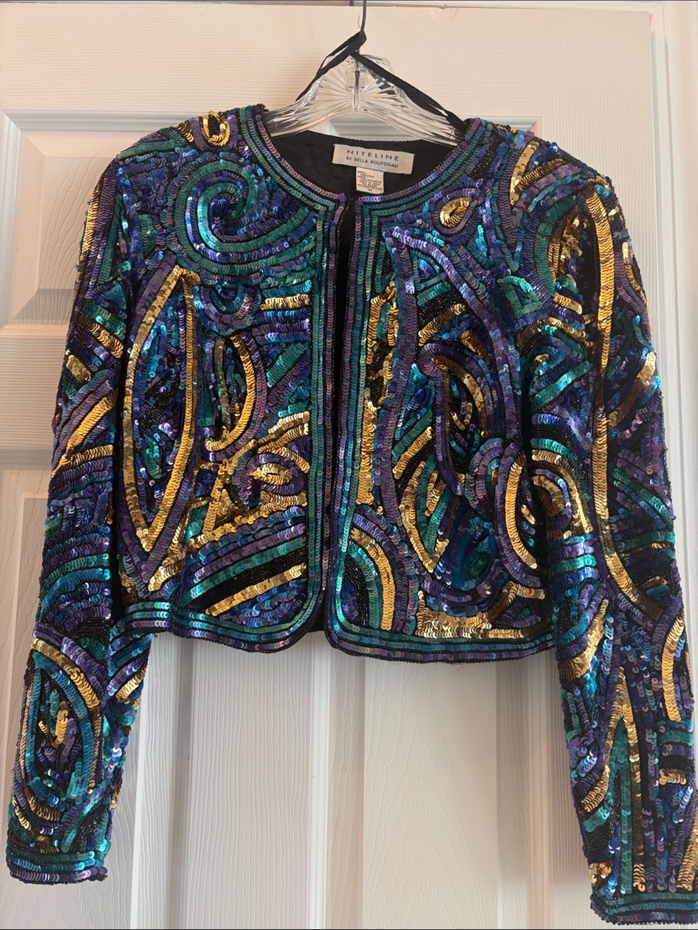 Niteline Sequined Cropped Evening Jacket by Della Roufogali - Teal, Purple, Gold